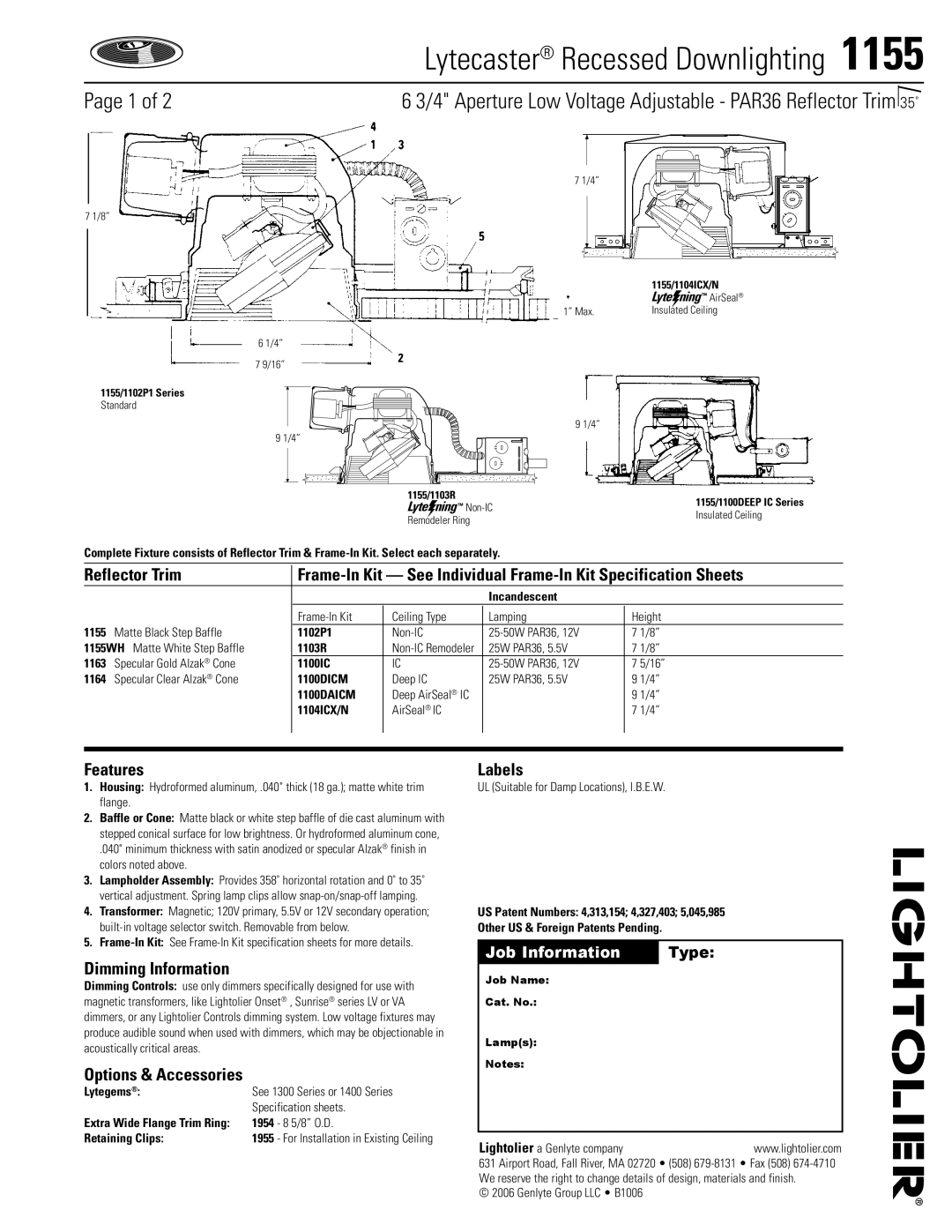 Lightolier 1155 specifications Lytecaster Recessed Downlighting , Features, Dimming Information, Options & Accessories 